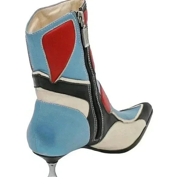 RARE Y2K Red Blue Club Kid Moto Pointed Boots 37 Leather Ankle Kitten Heel Boots - Picture 4 of 5